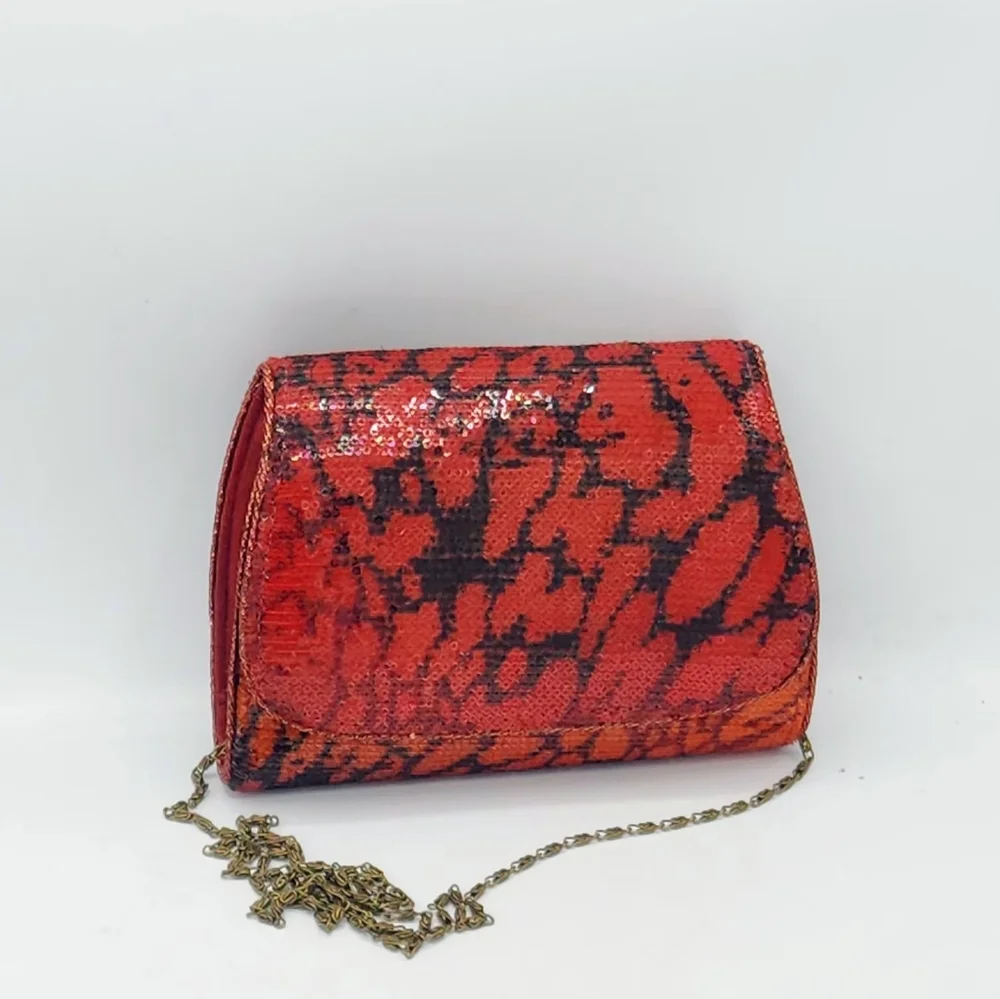 Vintage Red & Black Sequin Clutch In Abstract Pattern Convertible Chain Strap